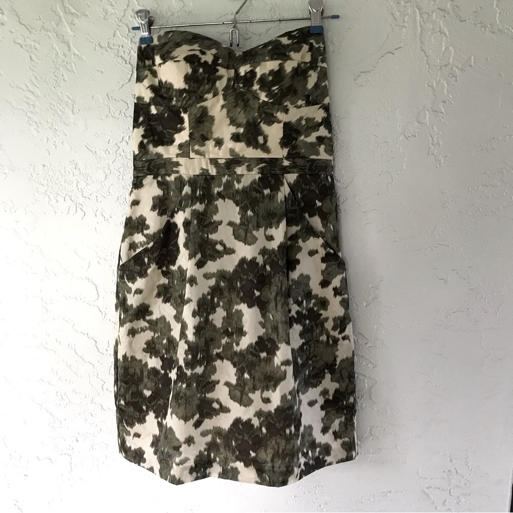 J. Crew Ikat Camo Womens Olive Green Bustier Strapless Silk Dress Pockets  Sz 2